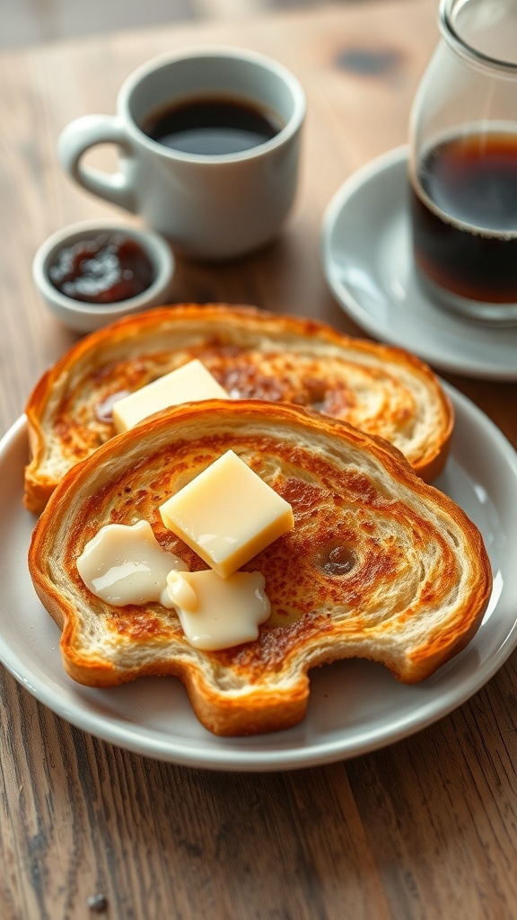 A plate of buttered toast with melting butter, jam, and coffee on a wooden table.